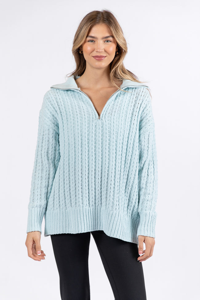 Forever Yours Blue Cable Knit Chenille Quarter Zip Sweater SALE Cheap Sale Comfortable