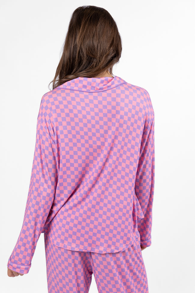 Good To Get Away Light Pink and Lilac Checkered Long Sleeve Pajama Top Low Pice Fee Shipping