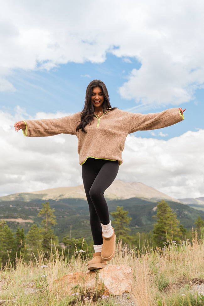 My Go To Taupe and Lime Sherpa Quarter Zip Hooded Pullover SALE For Nice For Sale