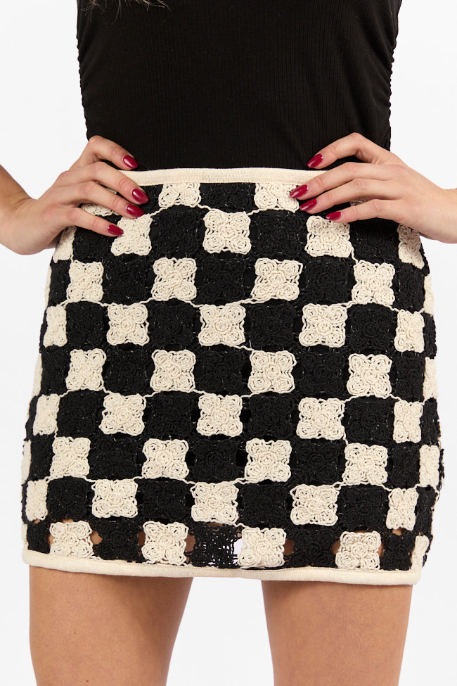 Check On Me Black and Cream Checkered Crochet Mini Skort Discount Manchester