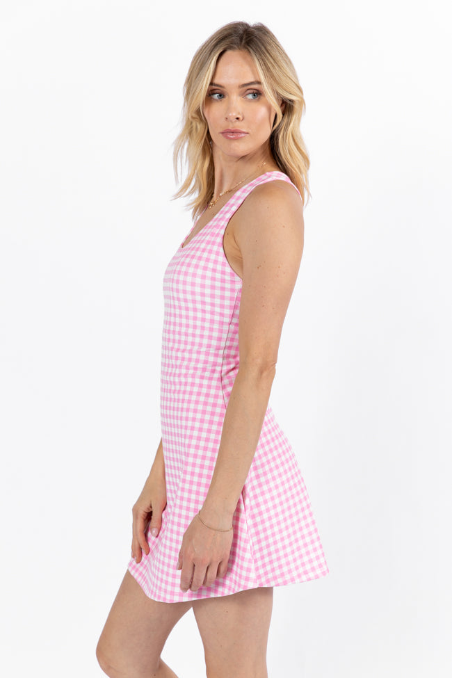 Kick It With Me In Girly Gingham Scoop Neck Active Dress Enjoy For Sale