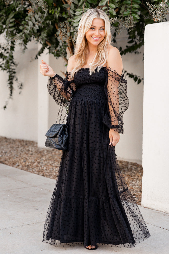 Figuring It Out Black Off The Shoulder Daisy Mesh Tiered Maxi Dress FINAL SALE Sale Hot Sale