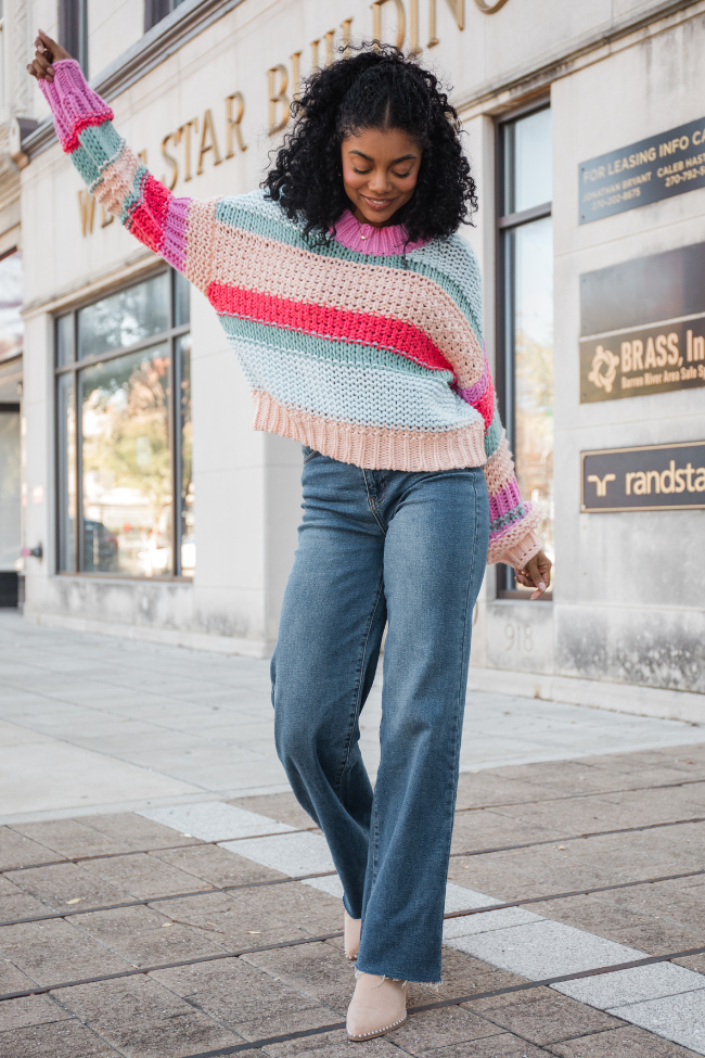 In Line Peach Multi Chunky Striped Sweater Outlet Store Locations