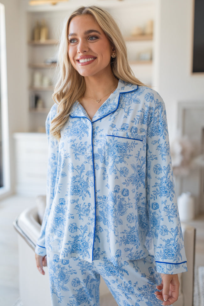 Under The Stars In Blue Floral Fantasy Long Sleeve Bamboo Pajama Top Sale Real