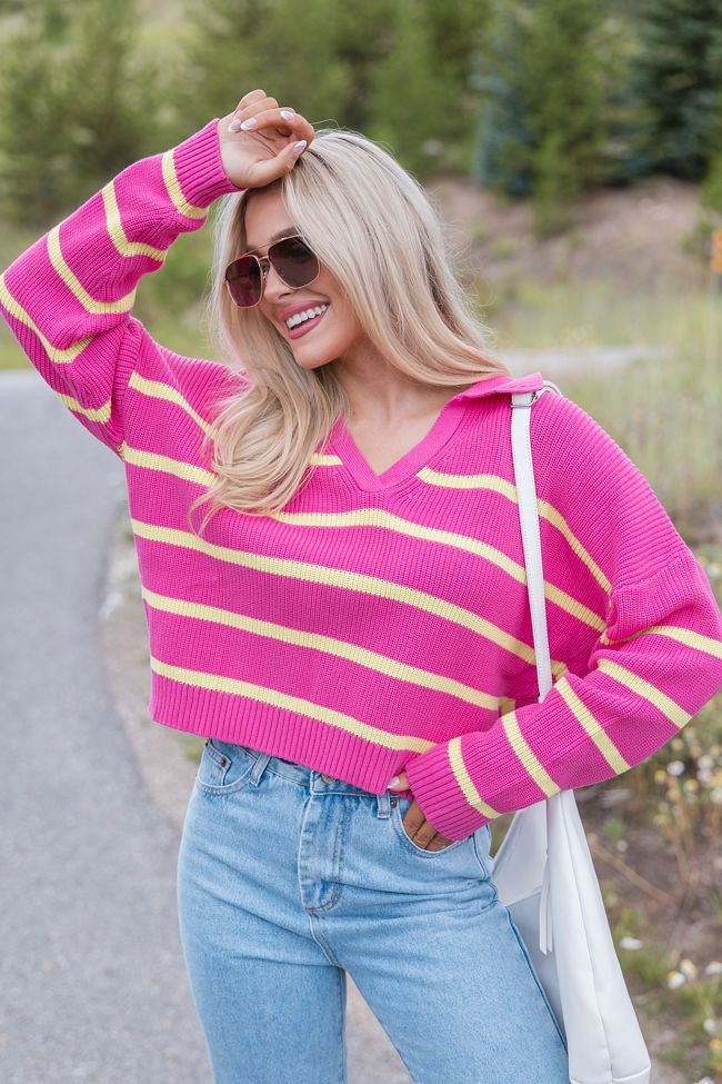 Living Proof Pink and Lime Striped Collared Sweater FINAL SALE 2025 Sale Online