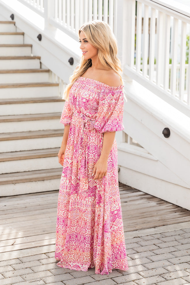 Dynamic Love Pink Printed Off The Shoulder Maxi Dress FINAL SALE Clearance For Cheap