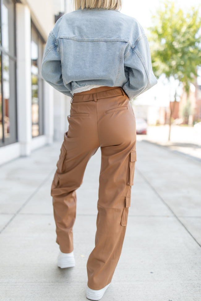 Follow My Lead Camel Faux Leather Cargo Pants FINAL SALE Outlet Footlocker Finishline