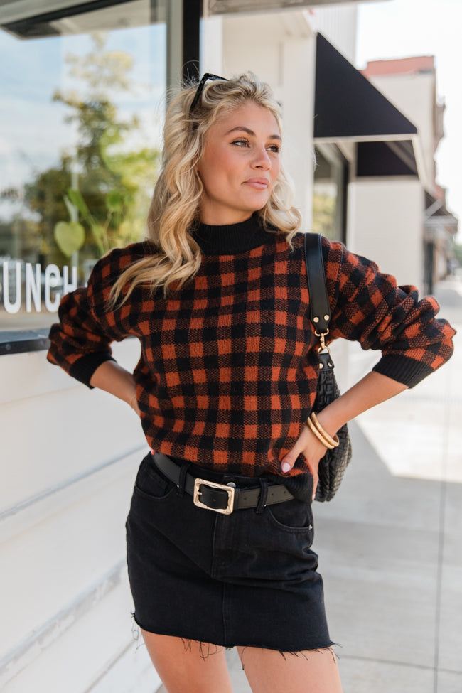 Plaid Pursuit Black and Camel Mock Neck Sweater FINAL SALE Enjoy Online