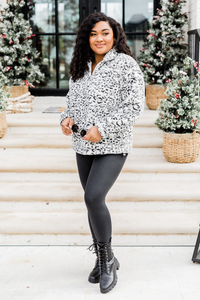 Too Much Fun Fuzzy Black And Ivory Leopard Print Quarter Zip FINAL SALE Sale Lowest Pice