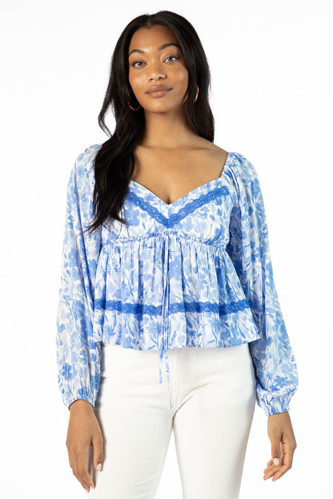 In My Dreams Blue Lace Trim Floral Blouse Sale Amazing Pice