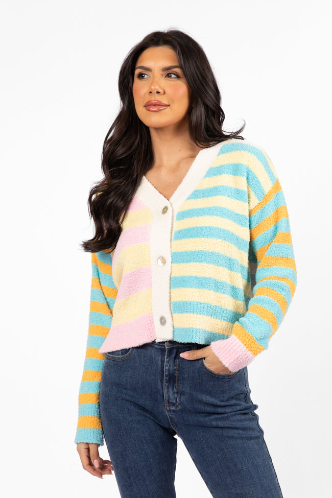 Check It Out Yellow, Blue, and Pink Fuzzy Cardigan SALE Cheap Best Pices