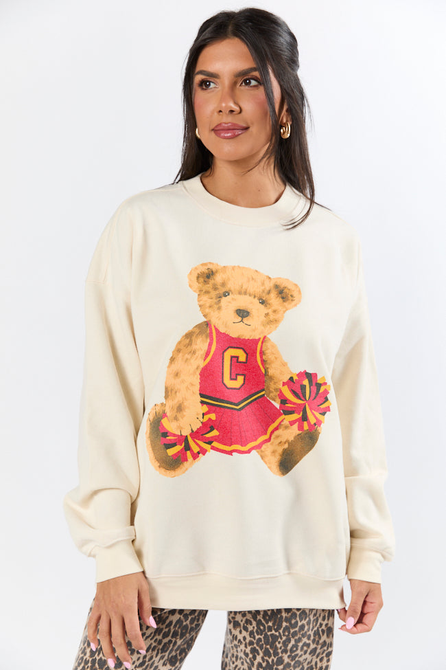 Vintage Red and Gold Cheer Teddy Bear Cream Oversized Graphic Sweatshirt Looking For For Sale