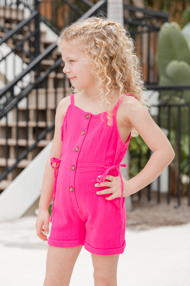 Kid's Walk The Shore Pink Button Front Collared Romper