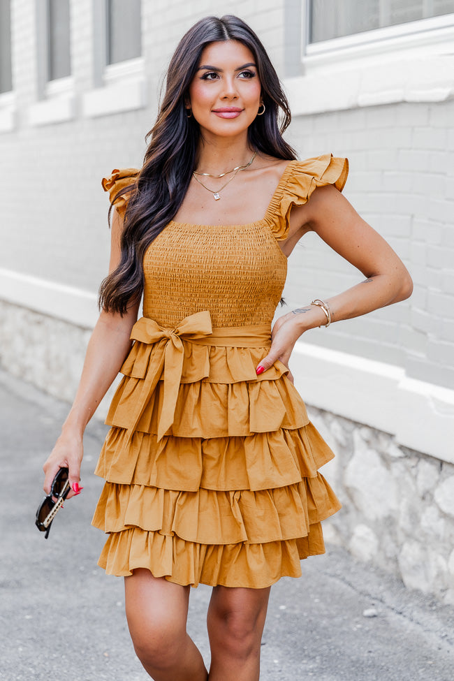 Still Have Time Mustard Tiered Ruffle Belted Mini Dress FINAL SALE Free Shipping Finishline