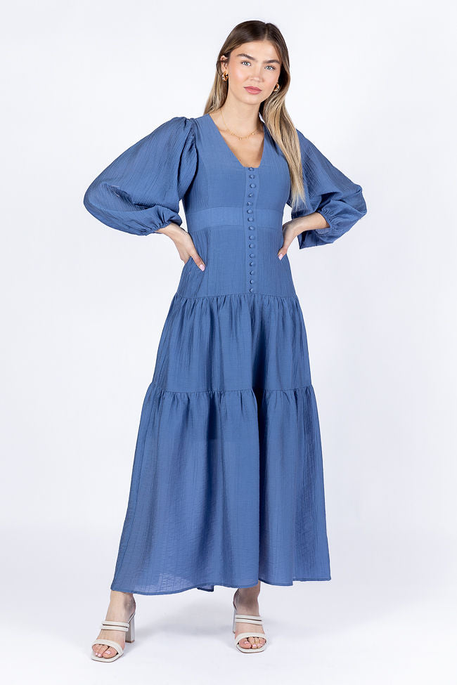 Enchanting Moments Blue Button Detail Maxi Dress Sale 2025