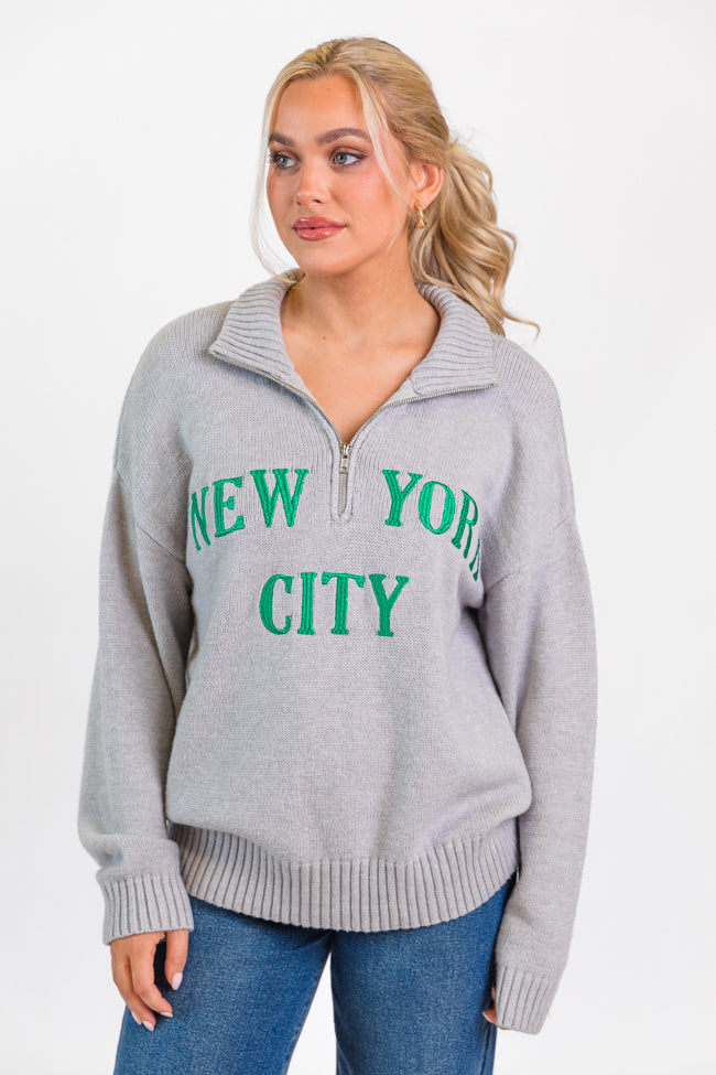 Roll With It Grey and Green New York Embroidered Quarter Zip Sweater FINAL SALE Outlet New Styles