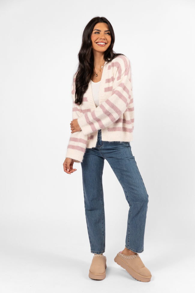 Made My Change Mauve and Cream Fuzzy Striped Cardigan SALE Deals Cheap Pice