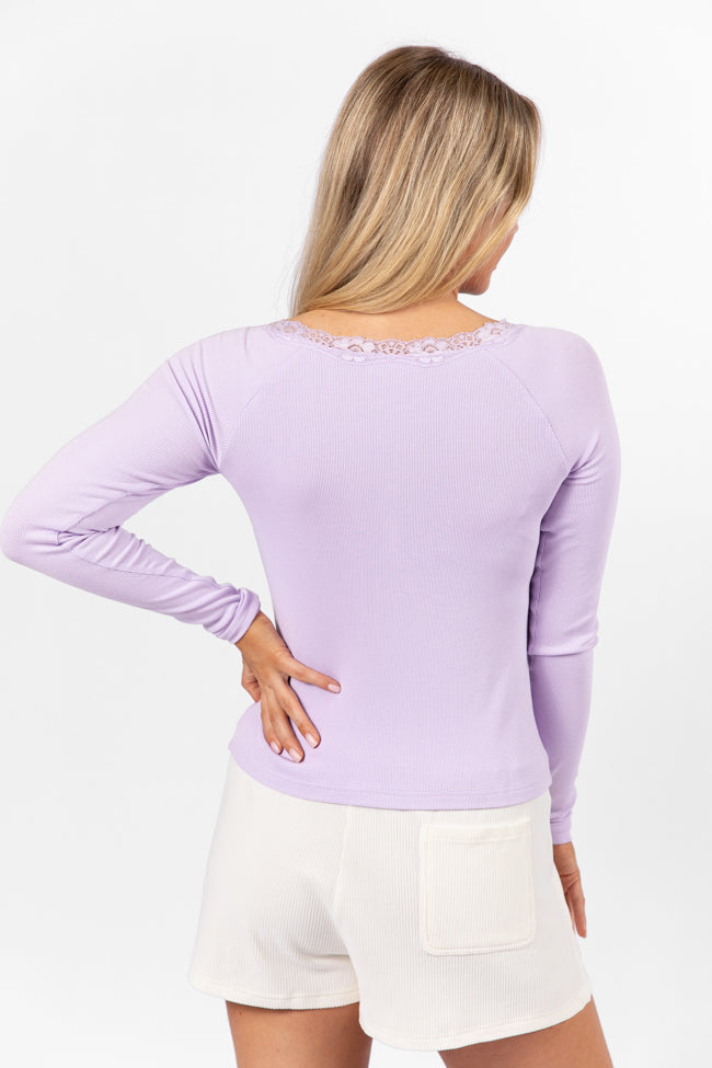 Make Your Choice Lilac Ribbed Lace Trim Henley Long Sleeve Tee FINAL SALE Sale Fake