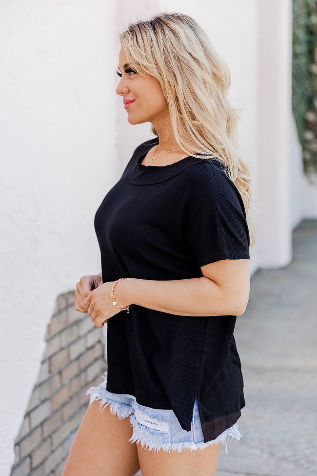 So Delightful Black Boat Neck Waffle Tee FINAL SALE Sale Amazing Pice