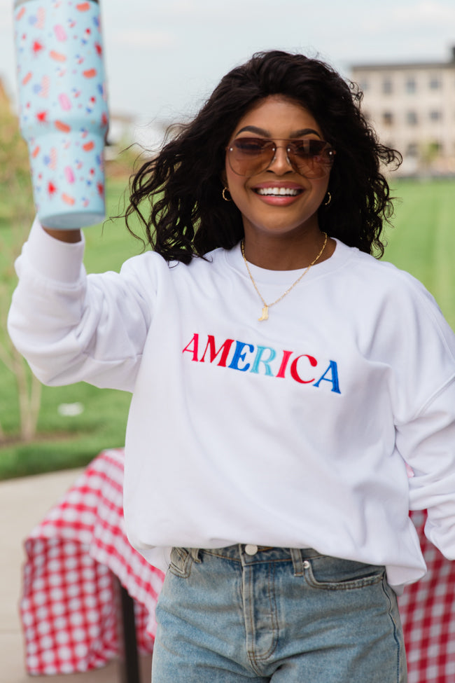 America Multi Embroidery White Oversized Graphic Sweatshirt FINAL SALE Clearance Fake