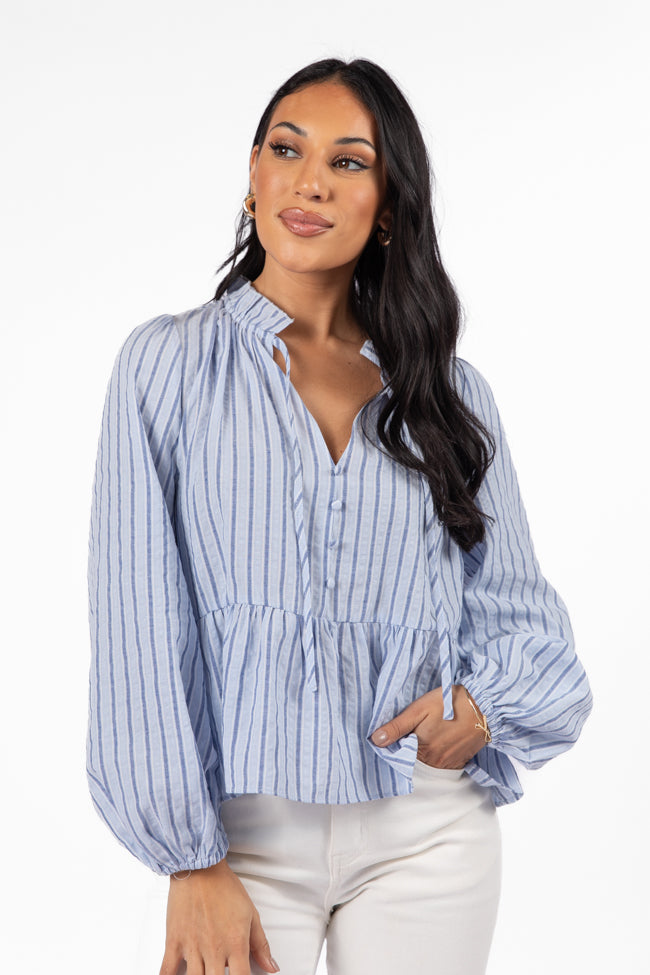 Fade Into You Blue Stripe Notched Neckline Button Detail Peplum Blouse Cheap Discount Sale