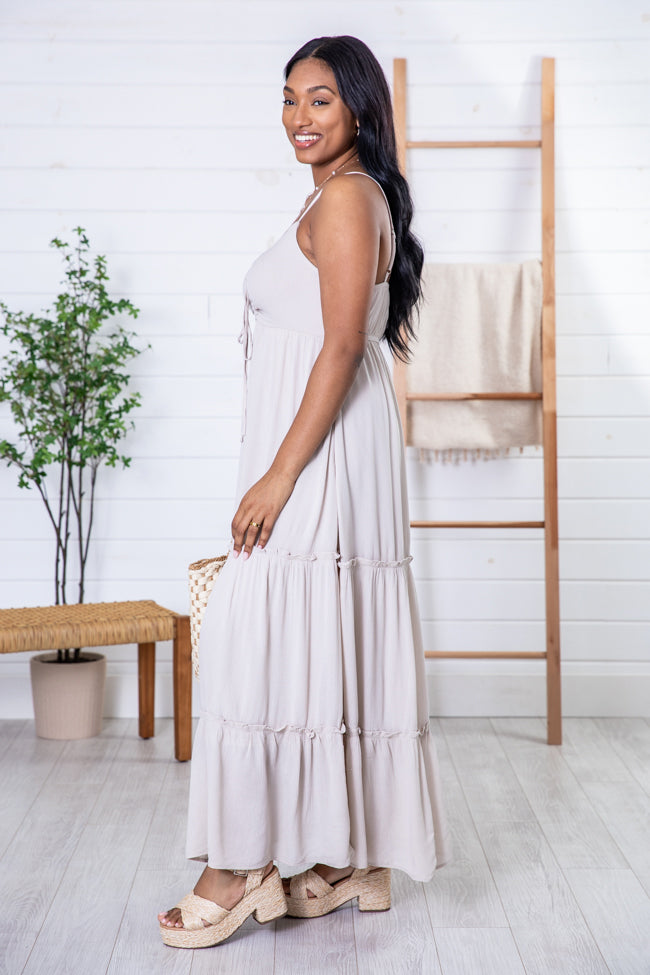 Worth Your While Beige Tiered Maxi Dress FINAL SALE Sale Extremely