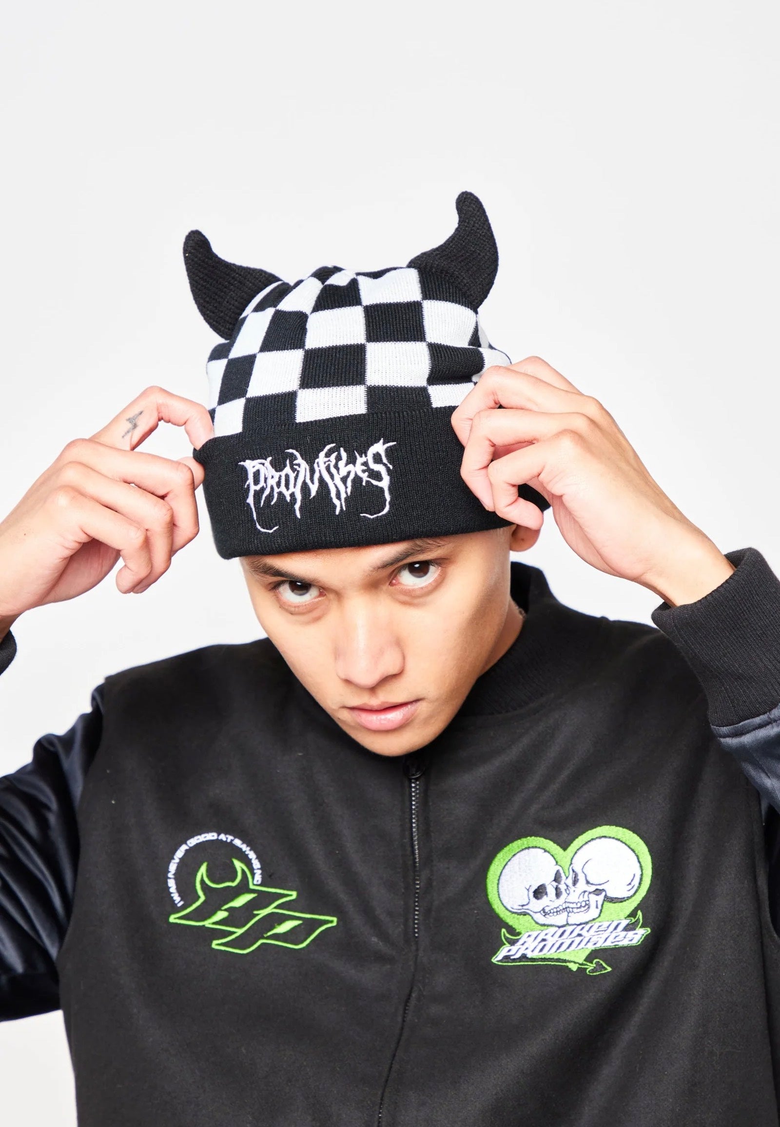 Broken Promises - Checkered Devil Horn Black/White - Beanie Discount Wiki