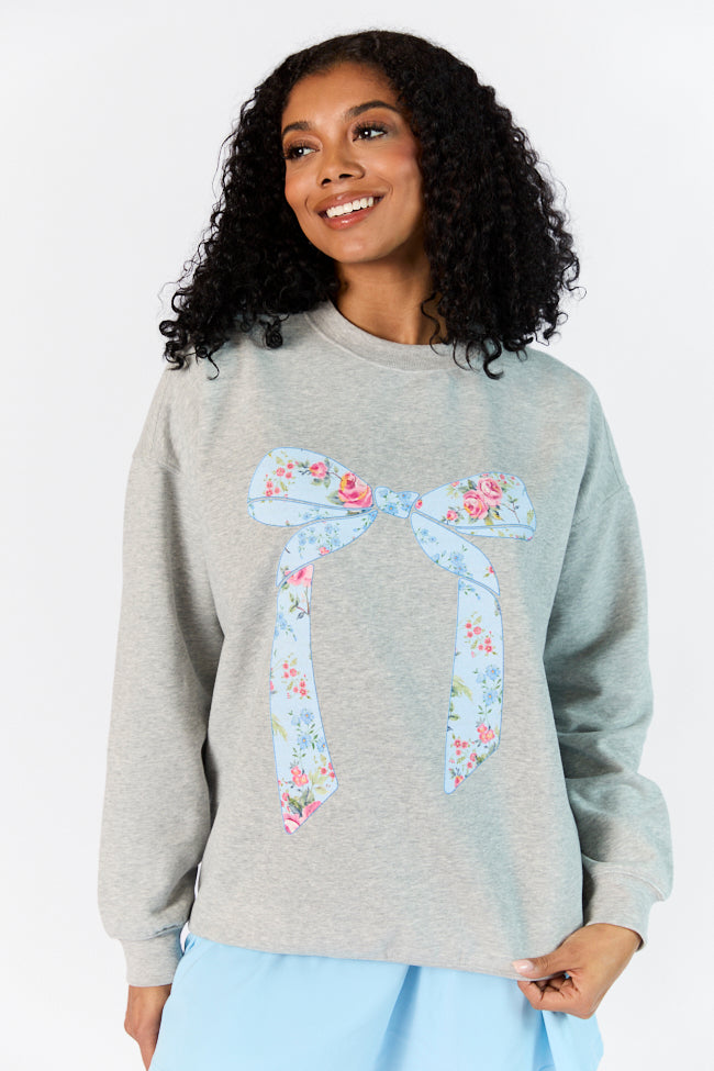 Vintage Floral Printed Bow Light Grey Oversized Graphic Sweatshirt Cheap Low Pice