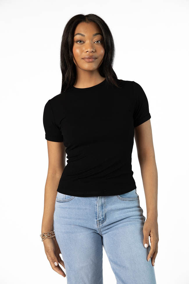 Everyday Essential Black Ribbed Crew Neck Tee Release Dates Authentic