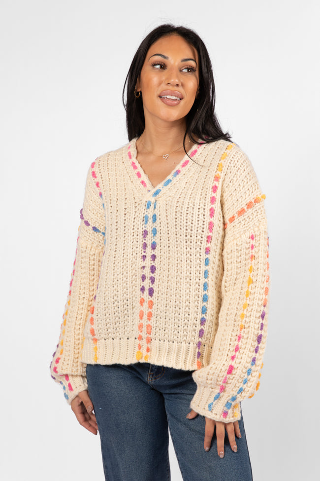 Day We Met Cream Multi Color Stitched Detail V-Neck Sweater SALE Clearance Pick A Best