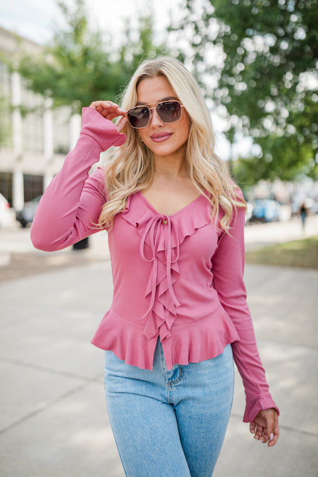 Treat You the Same Rose Ruffle Detail Ribbed Blouse FINAL SALE For Sale Wholesale Pice