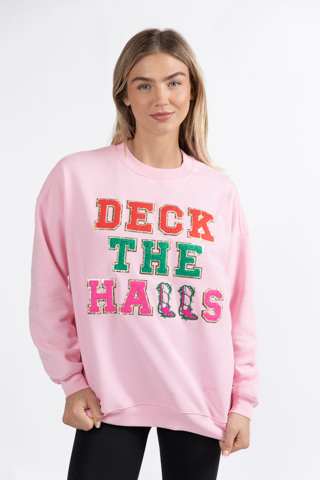 Deck The Halls Chenille Patch Light Pink Oversized Graphic Sweatshirt FINAL SALE Outlet Cheap