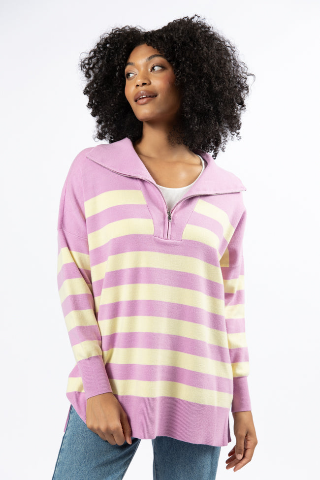 Pulling Heartstrings Purple And Yellow Striped Quarter Zip Pullover SALE Fashion Style Online