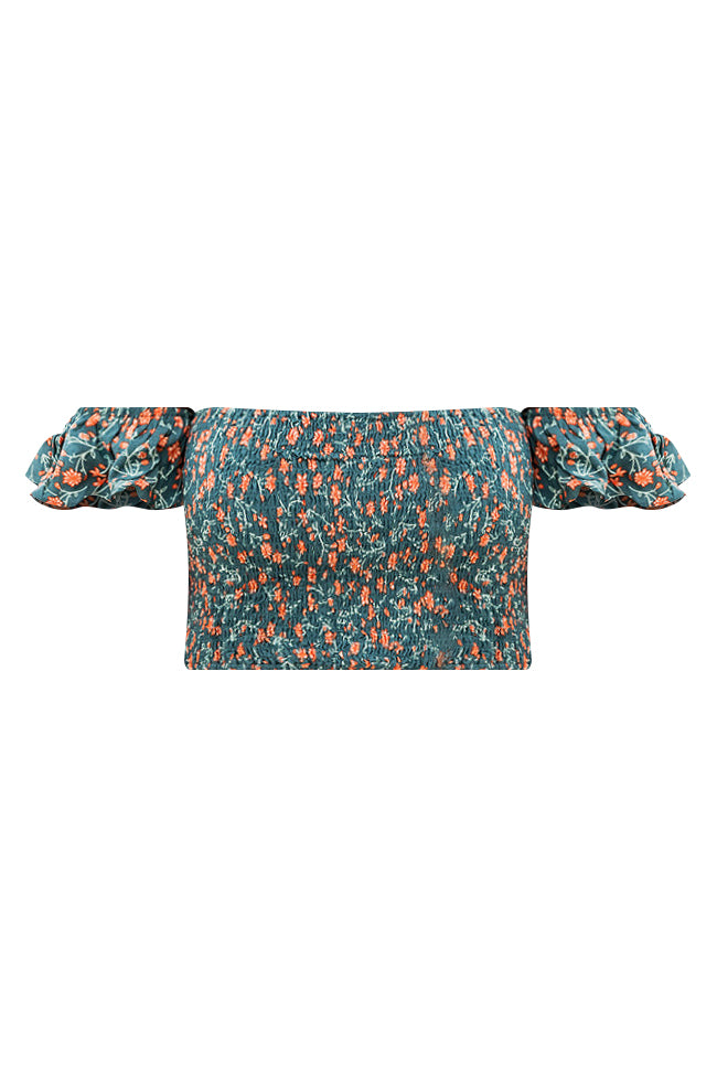 Slipped My Mind Dark Teal And Orange Floral Printed Blouse FINAL SALE Authentic