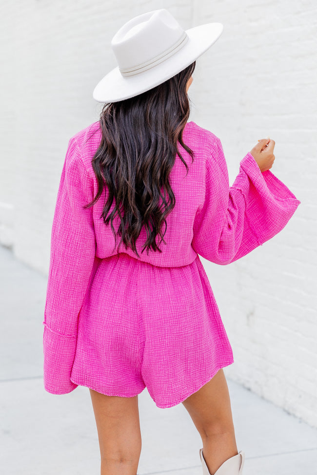 Washed Away Hot Pink Acid Wash Long Sleeve Romper FINAL SALE Outlet Best Seller