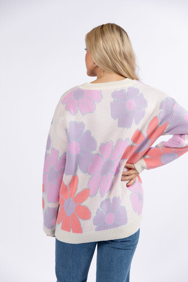 Lively Love Purple and Coral Multi Vneck Floral Print Sweater SALE Discount For Sale