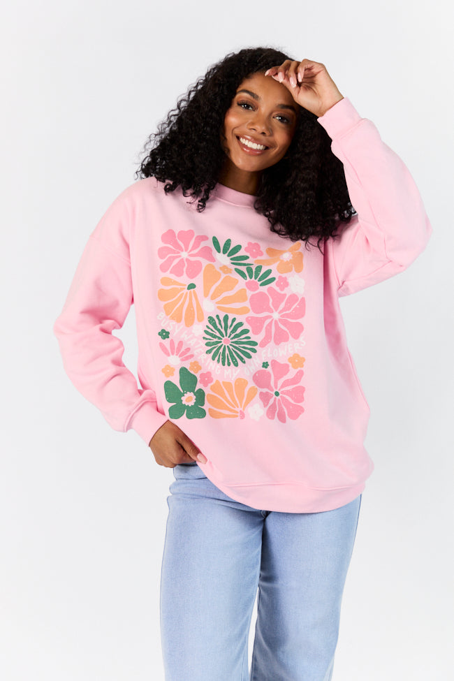 Busy Watering My Flowers Light Pink Oversized Graphic Sweatshirt Discount Shop For