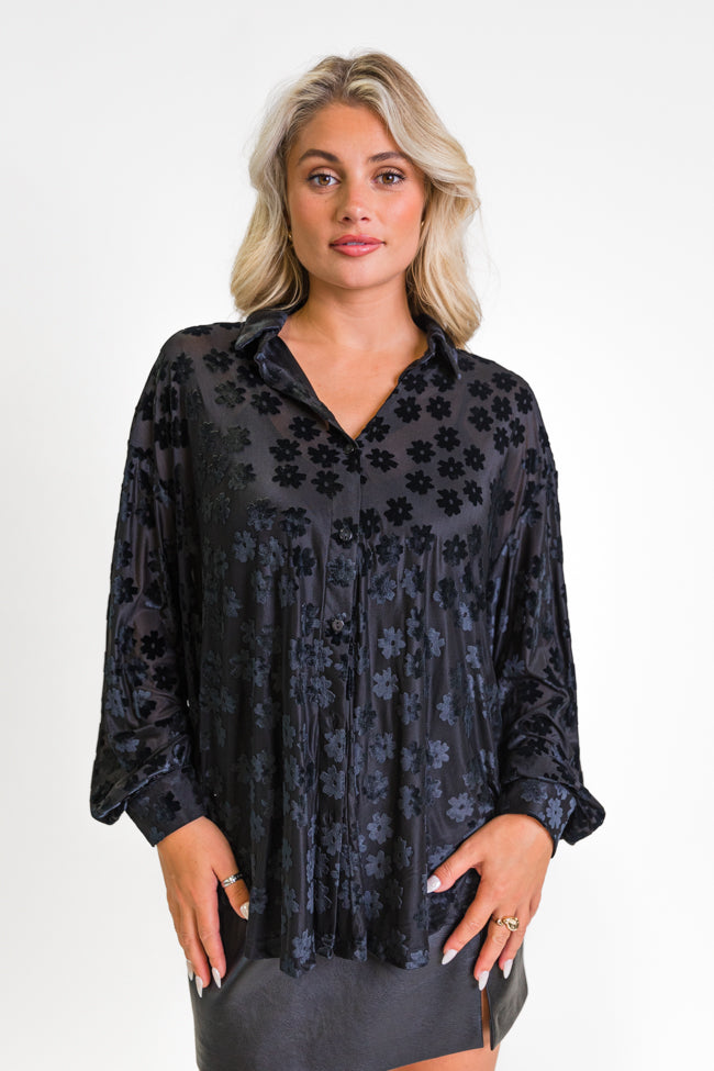 Face The Day Black Velvet Floral Button Down Blouse SALE Discount Reliable