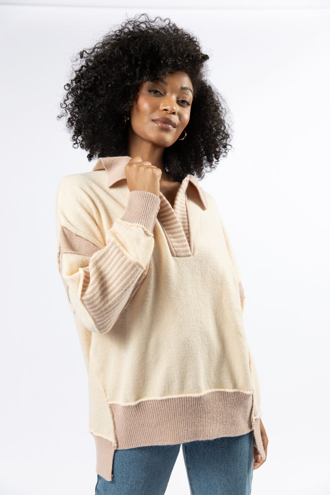 Think About It Cream and Mauve Collared Oversized Sweater Discount Low Cost