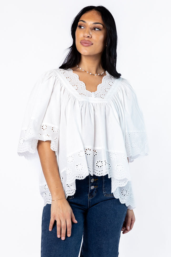 No Regrets Ivory Eyelet Detail Popover Short Sleeve Blouse Shop For Sale