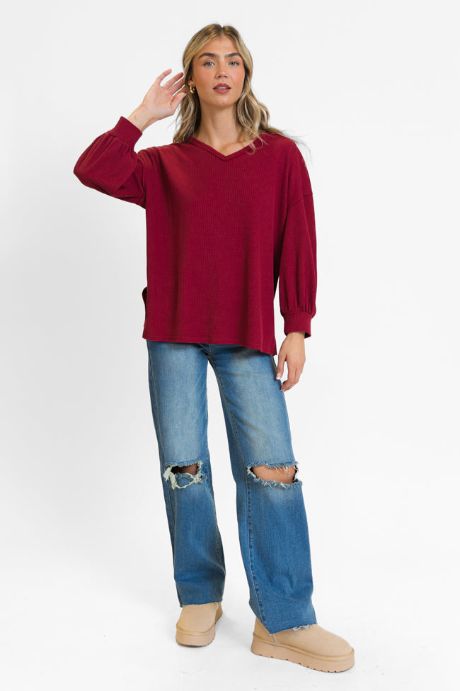 Sending Love Burgundy Oversized Waffle V-Neck Top FINAL SALE Buy Cheap Looking For