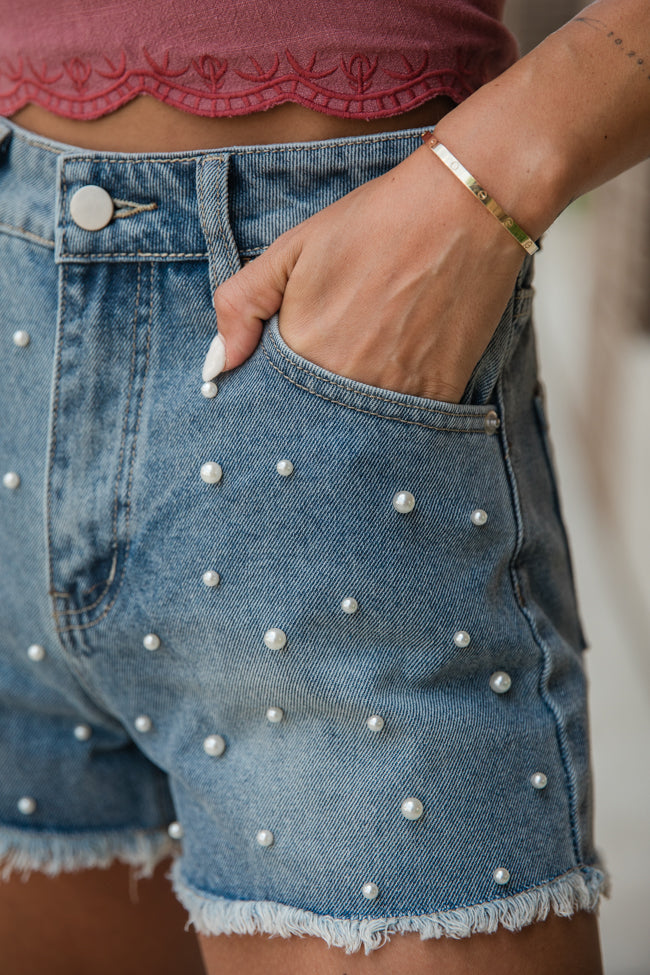 Show Stopping Medium Wash Pearl Detail Shorts Discount In China