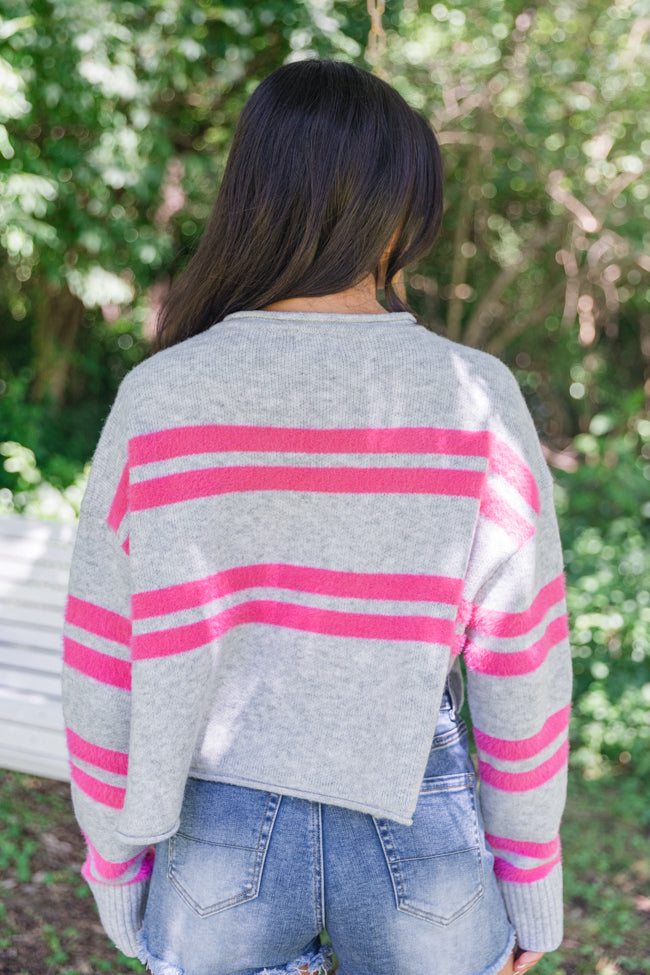 Sweet Affection Grey And Fuchsia Striped Notched Neck Sweater Browse For Sale