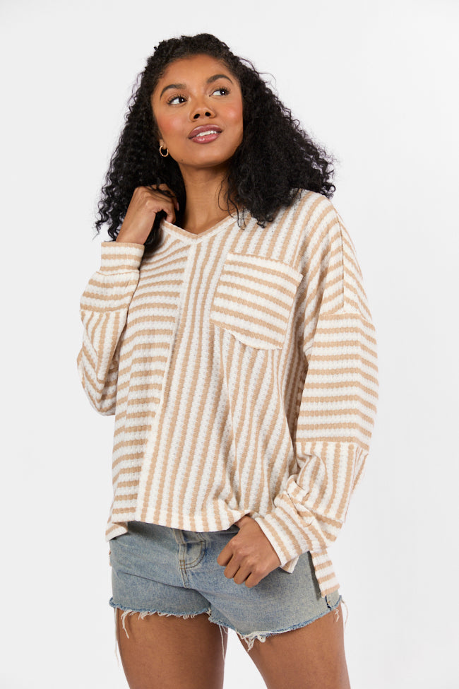 All For Sun Tan and Ivory Striped Knit V-Neck Long Sleeve Tee Free Shipping Sast