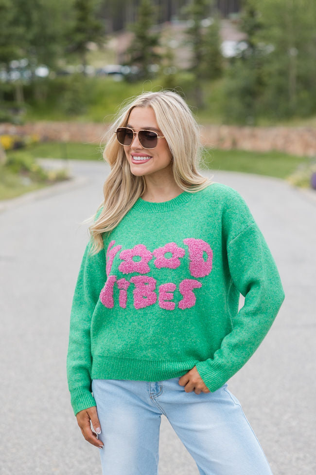 Give Off Good Vibes Green and Pink Sweater FINAL SALE Amazon Cheap Pice