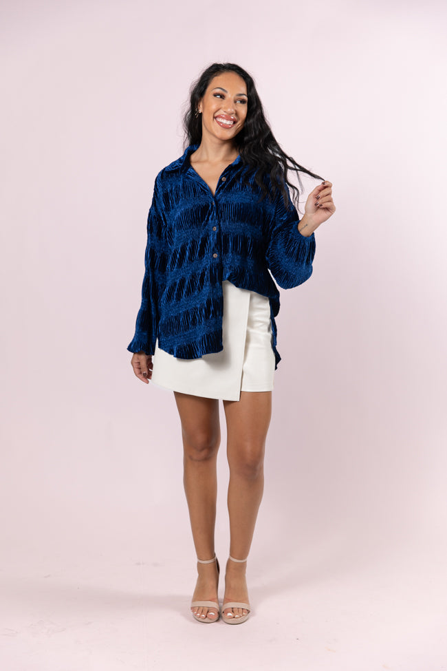 My Favorite Song Blue Velvet Button Front Shirt FINAL SALE Outlet Affordable