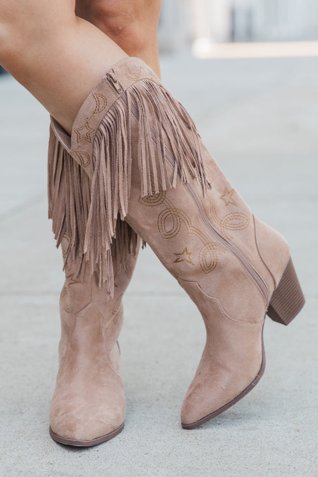 Fancy Suede Warm Taupe Fringe and Stars Boots Comfortable