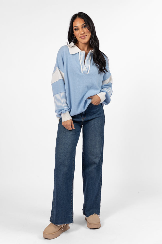 Think About It Sky Blue Collared Oversized Sweater Pre Order Online