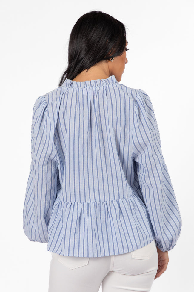 Fade Into You Blue Stripe Notched Neckline Button Detail Peplum Blouse Cheap Discount Sale