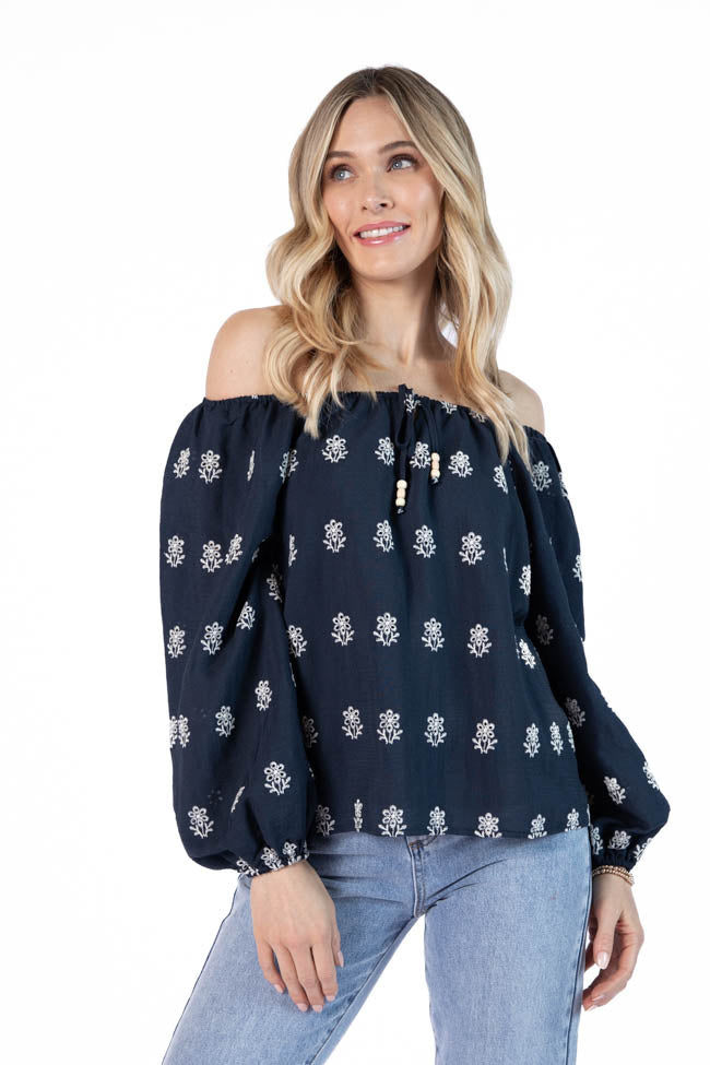 Come Along Navy Embroidered Woven Pop Over Blouse Buy Online Cheap